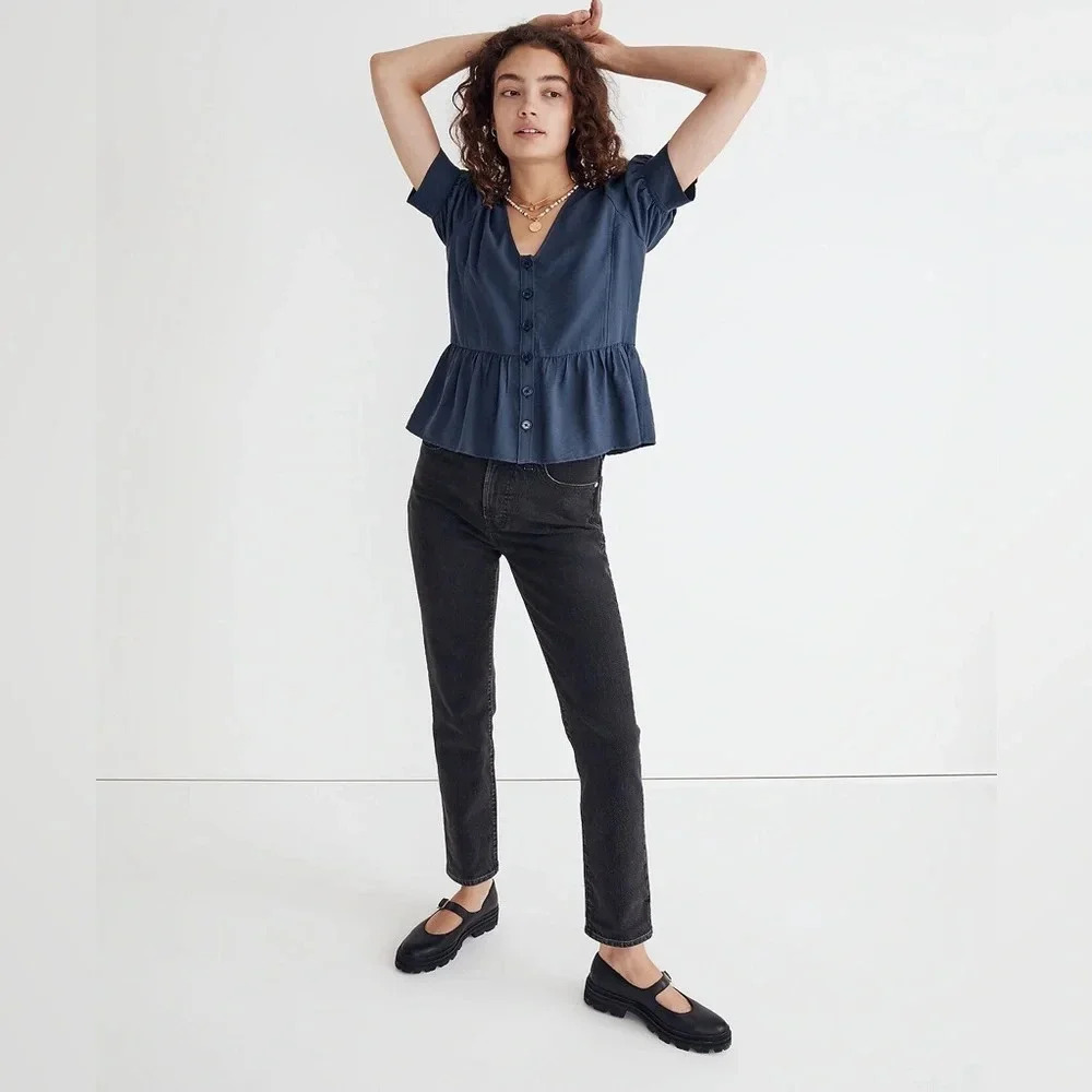 Drapeweave Puff-Sleeve Peplum Top Madewell - Size 20W or 2X